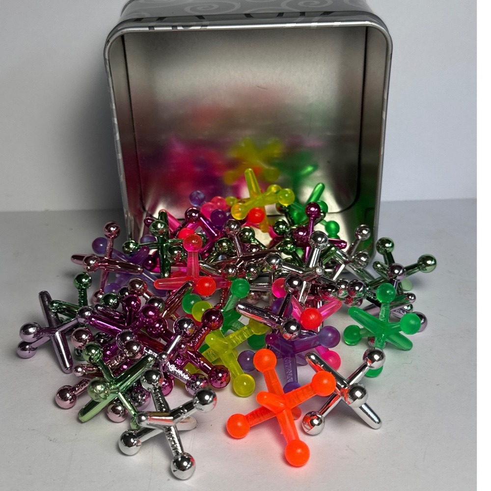 Jacks Game Set Unisex Multicolor Neon Metallic Tin Storage 42
